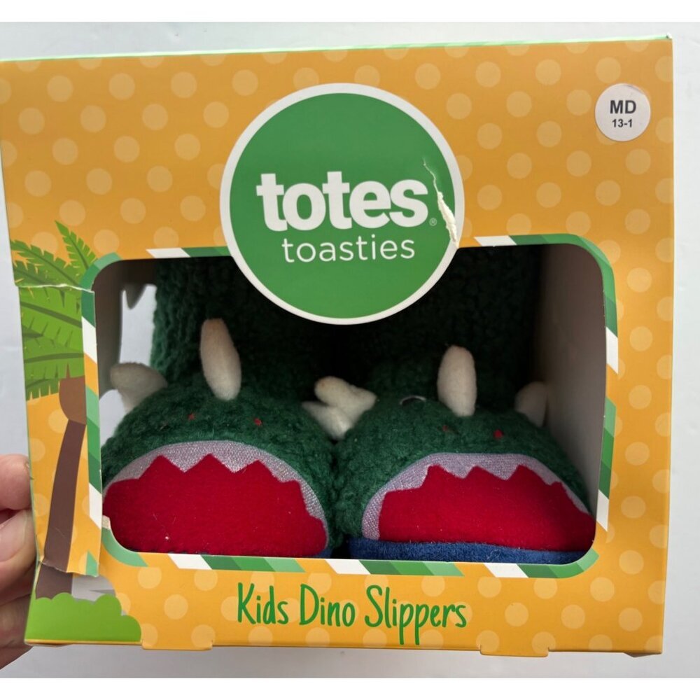 Totes Toasties Kids Dino Slippers Faux Fur Green Dinosaur Size Medium 13–1 - Picture 2 of 9